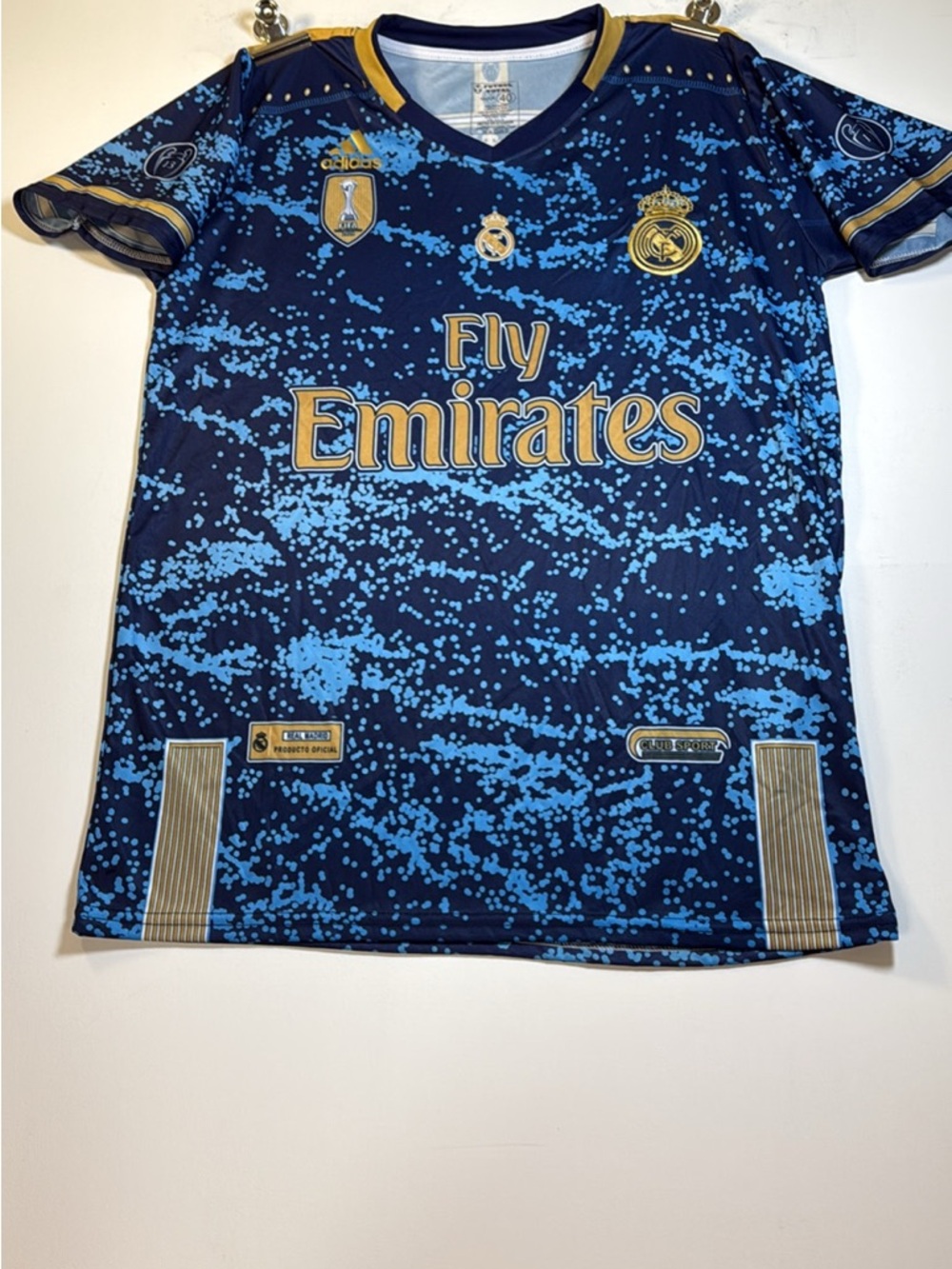 adidas Navy and Light Blue Men’s Soccer Jersey with Gold Accents Fly Emirates